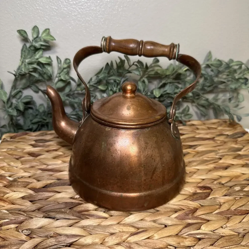 B&M Portugal Copper Tea Kettle Wood Handle Lidded Tin Lined 7” Farmhouse Vtg